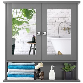 Multigot Wall Mounted Mirror Cabinet, Bathroom Storage Cupboard with Double Doors & Adjustable Shelf, Home Wooden Hanging Organized Unit (Grey)