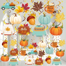 Spakon 72 Pcs Hello Fall Hanging Swirl Decoration Fall Party Decoration Maple Leaves Pumpkin Sweater Autumn Thanksgiving Office Ceiling Decor Orange Blue Acorn Truck Swirl for Harvest Party Favor Home