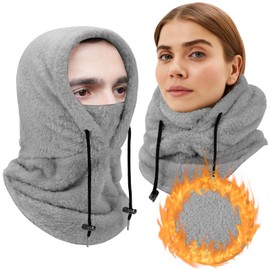 Runmeihe Winter Thermal Hat with Neck Cover, Windproof Fleece Balaclava for Women Men, 3-in-1 Scarf Face Cover Hood for Outdoor Skiing Cycling (UK, Alpha, One Size, Grey)