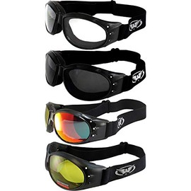 4 Pairs of Global Vision Eliminator Padded Motorcycle Goggles Black Frames Clear Smoke Yellow & G-Tech Red Mirror Lenses