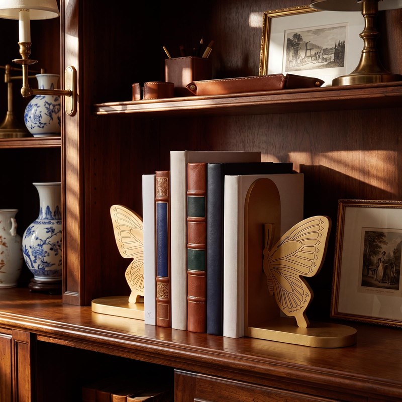 Wooden Butterfly Bookends, Solid Wood, Gold Finish Book Ends, Pair