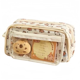 IN Chenthy Travel Makeup Bag, Nine-Layer Large-Capacity Capybara Cosmetic Bag Kit, Plush Doll+20 Stickers+2 Brooches+Sticky Notes+Pendant, Toiletry Bag Office Stationery Storage Bag (White Print)