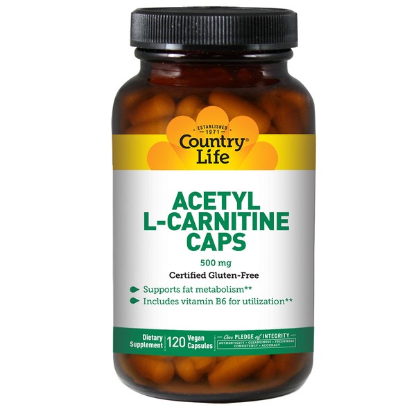 Country Life Acetyl L-Carnitine Caps - 120 Vegan Capsules - Supports Fat Metabolism - Vitamin B6 for Utilization