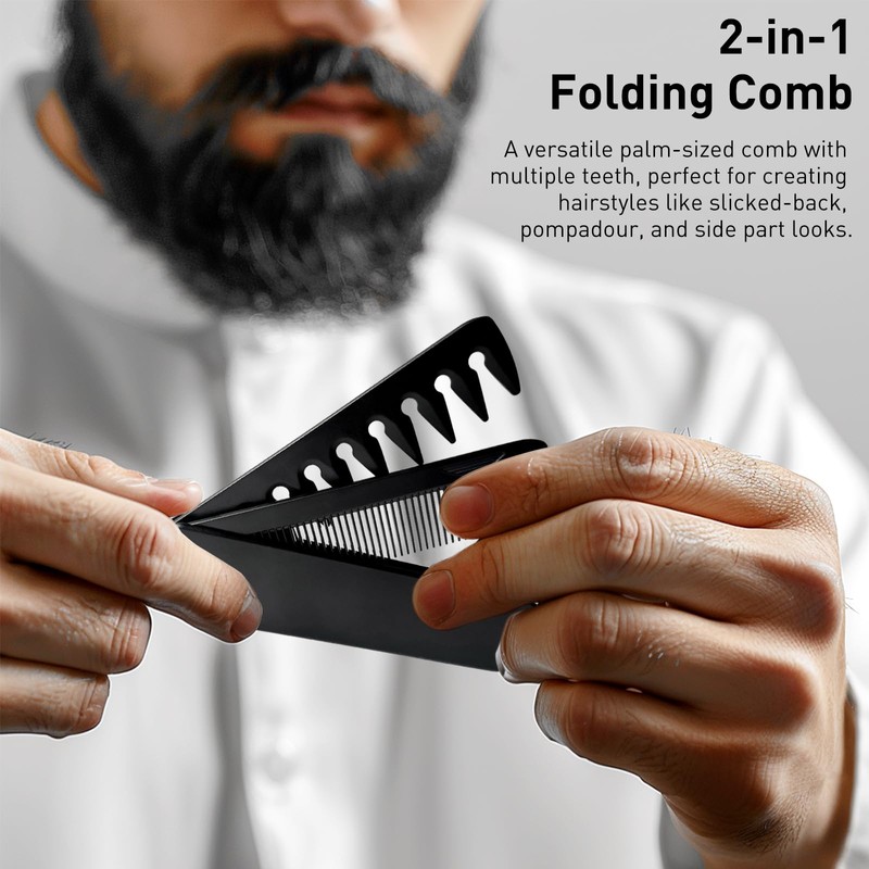 2-in-1 Men's Protable Folding Pocket Comb - Black, Fine &