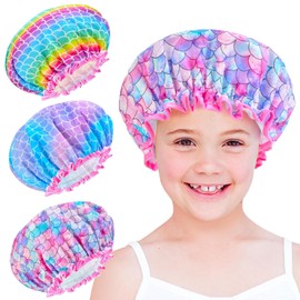 Gorro de ducha para niños, 3 piezas de gorros de ducha grandes para mujeres, reutilizables, de doble capa, impermeables, lavables, de plástico para niños, niñas, salón de belleza, spa (sirena)