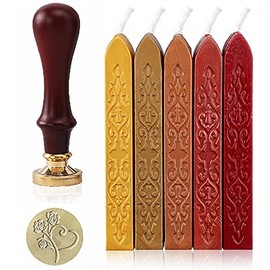 6 Pieces Wax Seal Stamp Kit Sealing Wax Sticks with Wicks Valentine's Day Rose Heart Wax Sealing Stamp with Wood Handle Vintage Manuscript Sealing Sticks for Christmas DIY Craft Letter Gift Decoration