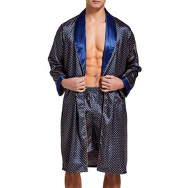 Mens Satin Robe Lightweight Silk Long Sleeve Bathrobe with Shorts Set Spa Kimono Sleepwear (XL, Blue with Golden)