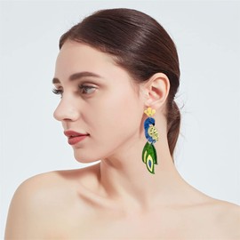 Acrylic Peacock Bird Dangle Earrings for Women Hypoallergenic Resin Blue Green Feather Animal Lightweight Charms Drop Dangling Stud Earring Cute Birthday Holiday Vacation Tropical Jewelry Gifts