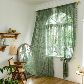 Sutuo Home Olive Green Lace Curtains 72 Inches Long for Bedroom Living Room, Leaf Embroidery Window Sheer Drapes Pair, Rod Pocket Vintage Country Window Treatments Set of 2 Panels, 57" W x 72" L