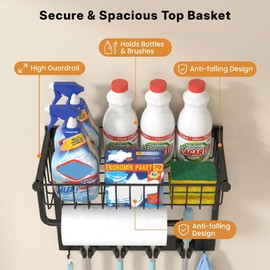 Broom Holder Wall Mount, Broom and Mop Organizer Wall Hanging with Paper Towel Holder & Removable Anti-fall Basket, Wall Mount Cleaning Supplies Organizer for Laundry Room, Apartment, Utility Room