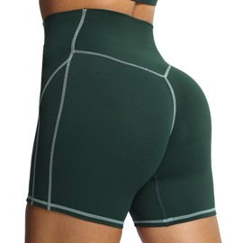 Aoxjox Lexi - Pantalones cortos de ciclismo con forro para mujer, control de abdomen, cintura alta, ejercicio, gimnasio, correr, yoga, 6 pulgadas, Verde bosque/Verde salvia, Large