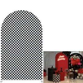 KONPON Black and White Checkered Round Top Arched Backdrop Covers for Racing Parties Racing Theme Arch Stand Fabric Cover Birthday Party Display Props(Only Cover)