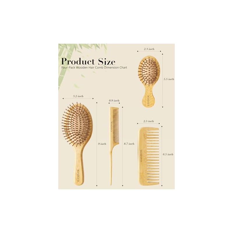 Juego de 4 cepillos de bambú para el cabello, cepillo
