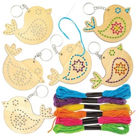 Baker Ross FC722 Bird Wooden Threading Keyring and Bag Dangler Kits - Pack of 5, Threading and Weaving Kit for Kids, Sewing Crafts for Kids