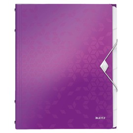 Leitz A4 Divider Book, Holds Up to 200 Sheets, Integrated Index with 6 Compartments, Elastic Closure, Metallic Purple, WOW Range, 46330062