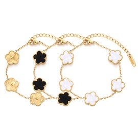 TICVSS Van Cleef Four Leaf Clover Bracelet for Women 18K Gold Plated White+Black+Gold Lucky 4 Leaf Link Bracelet Jewelry Gift for Women