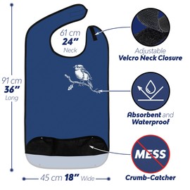 Classic Bib Designs Adult Bib - Suitable for Men & Women - Washable Clothes Protector with Crumb Catcher - Reusable, Blue with tit motif