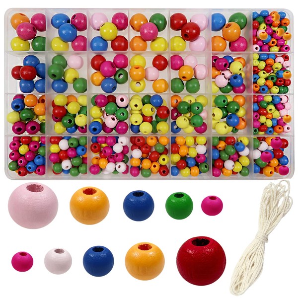 TOAOB 600 Pieces Natural Round Colourful Wooden Beads Set 6 to 14 mm Mixed Size Round Wooden Beads Crafts with Hole for DIY Jewellery Making