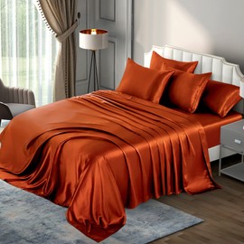 P Pothuiny Satin Sheets Queen (6 Pieces, Burnt Orange) Luxury Silky Satin Bed Sheets Queen Bedding Set, Extra Soft Satin Sheet Set, 1 Satin Fitted Sheet + 1 Flat Sheet + 4 Pillow Cases