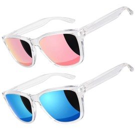 LINVO Sunglasses Men Women Polarised UV400 Classic Retro Square Sunglasses Mirrored for Driving Fishing CAT 3 CE, 2 Clear Pink & Clear Blue