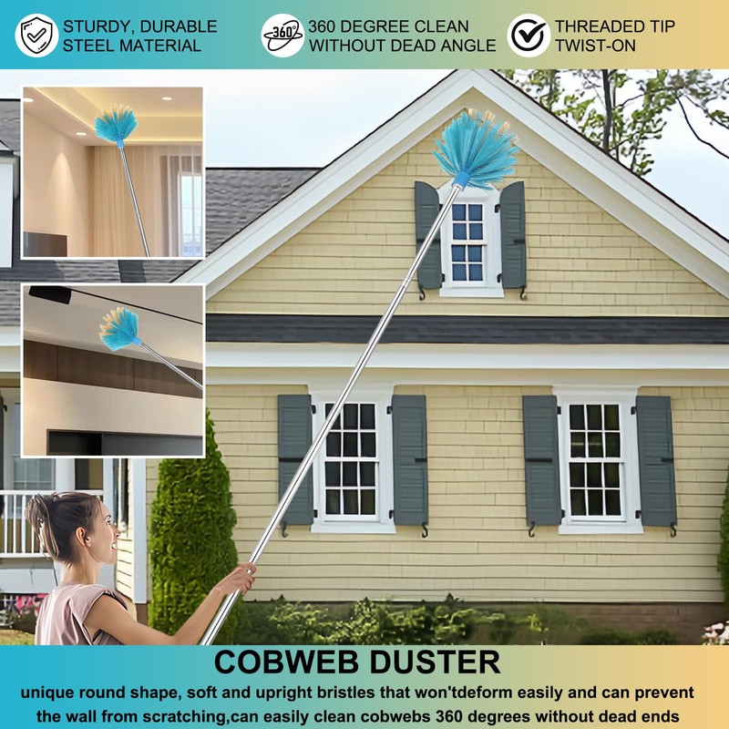 Cobweb Duster with Extension Pole，Medium Stiff Bristles Cobweb Duster Head