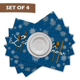 Blue Christmas Placemats Set of 4, Winter Snowflake Placemats, Let It Snow Christmas Table Mats Place Mats for for Kitchen Dining Table Winter Holiday Party Decoration 16.9x11.4 Inch