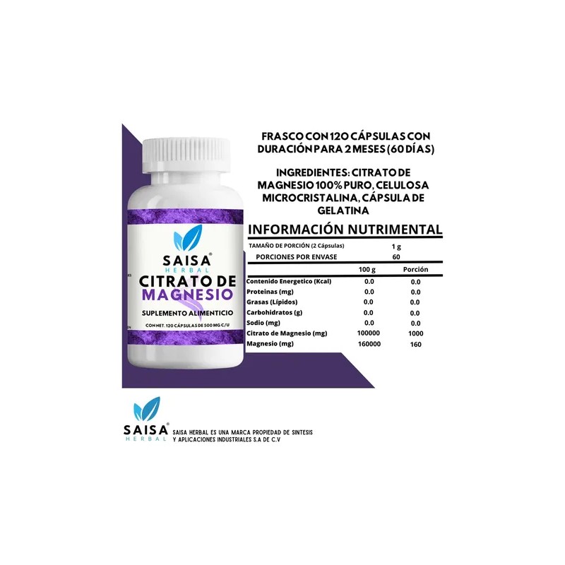 Citrato Magnesio 500 120 Cápsulas 100 Puro Saisa Herbal Relajante