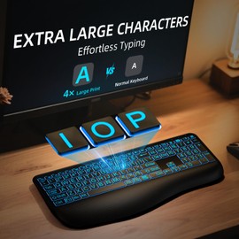 Large Print Backlit Wireless Keyboard – Silent Keyboards with Wrist Rest, 7-Color Light up, Quiet Low Profile Keys, 2.4G Wireless Rechargeable Full Size Keypad for Computer Laptop Windows Mac, Black