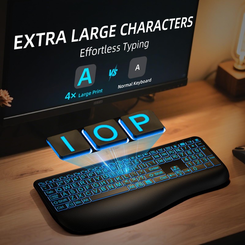 Large Print Backlit Wireless Keyboard – Silent Keyboards with Wrist