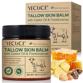 Beef Tallow and Honey Balm for Skin- Organic Grass-Fed Whipped Tallow, Castor Oil, and Frankincense Oil Skin Balm - Deeply Moisturizing for Face & Body - Natural Skin Care for Soft, Supple Skin. 4oz.