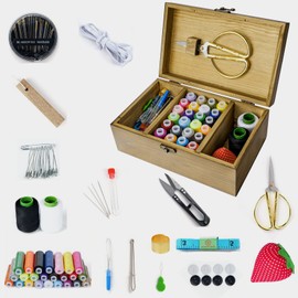 Sewing Tool Kit with Retro Wooden Box, Complete Home Hand Sewing Repair Tool Kit, Wooden Sewing Supplies Thread Needle Kit for Adults Teenagers Beginners