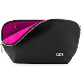 KUSSHI Washable Travel Makeup & Cosmetic Bag, Satin Black/Pink, Signature (Medium) Bag, Signature Makeup Bag Black/ Pink Fabric