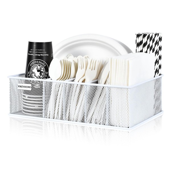 VIKEYHOME Paper Plate Organizer, Metal Silverware Caddy with 6 Compartments