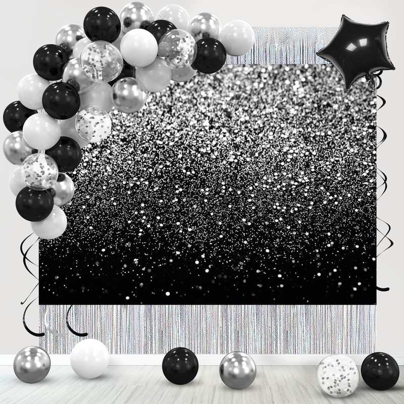 AIIKES 8x6FT Black and Silver Backdrop Silver Flash Backdrop Birthday
