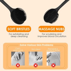 Limpiador de Espalda de Silicona Cepillo de Baño para Hombres y Mujeres con Mango Largo para Masaje y Exfoliación de Piel, Ducha, Cepillo de Baño Exfoliante para Piel Seca y Mojada (Black)