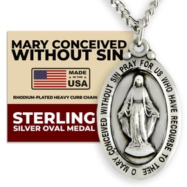 Heartland Store Oval Sterling Silver Miraculous Medal Necklace for Men- Tarnish Resistant, Handcrafted in the USA-Meaningful Religious Pendant-Ideal Present- 24" 1.7mm Sterling Silver Chain with Clasp