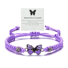 Meztole Always Believe in Yourself Butterfly Bracelet Cute Butterfly Charm Bracelets for Women Adjustable Braided Rope Butterfly Bracelet Lucky Butterfly Purple Friendship Bracelet (Lavender)