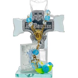 Cruz de Cristal con Mono y Mini Biblia Azul 12 Piezas