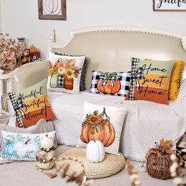 GEEORY Fall Pillow Covers 18x18 Inch Set of 4, Pumpkins Mason Jars Home Sweet Home Striped Seasonal Decorative Throw Pillows Farmhouse Autumn Thanksgiving Decorations for Home Decor (Orange)