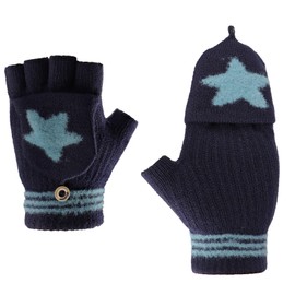 Winter Convertible Flip Top Mitten Gloves Kids Primary Students Knit Writing Five-pointed Star Half Fingerless Gloves with Flap Cover Cycling Running 5-10 Years Boys Girls Daily Use Warm Gloves