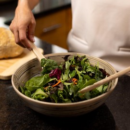 LEXA 12" Handmade Bamboo Salad Bowl – 130 oz Large Wooden Fruit Bowl for Kitchen Counter, Black Bamboo