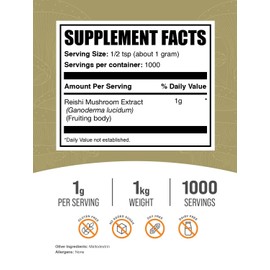 BulkSupplements.com Reishi Mushroom Extract Powder - Reishi Mushroom Powder, Supplement for Overall Well-Being - Gluten Free, 1g per Serving, 1kg (2.2 lbs) (Pack of 1)