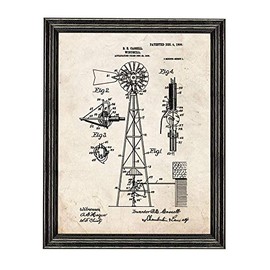 Windmill Patent Art Old Look Print in a Black Wood Frame (11" x 14") M10313