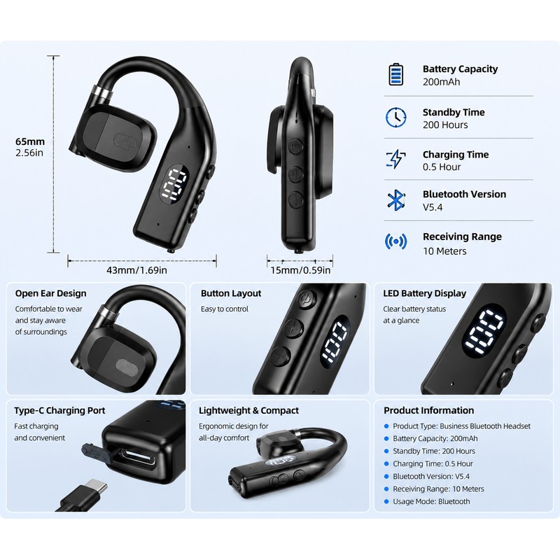Wireless Bluetooth 5.4 Headset for Calls & Sports – Comfortable