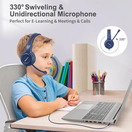 SIMOLIO Wired Headphones for School with Microphone, Stereo Kids Headphone with Flexible Swivel Boom Mic for Student K12 & Teacher & E-Learning, 3 Levels Volume Limiter Gaming Headsets for Boys, Girls