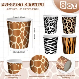 Rtteri 300 Pcs Jungle Safari Animal Party Paper Cups Bulk Leopard Cheetah Tiger Zebra Giraffe Print Cups 8 oz Wild Animals Disposable Cups for Baby Shower Wedding Birthday Zoo Theme Party Supplies