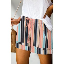 QUEEN PLUS Women's Relaxed Lightweight Elastic Waist Drawstring Summer Shorts Lounge Pants with Pockets Retro Stripe XL