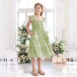 Rolanko Dresses for Girls Smocked Dress with Pockets, Tiered Swing Midi Dresses for Kids Party Beach Church (Green, 10-11 Years)