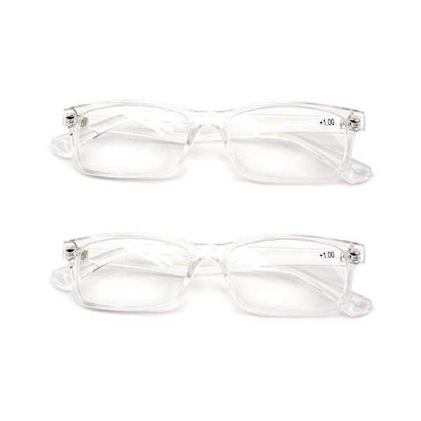 2 Pairs Casual Fashion Rectangular Reading Glasses - Stylish Simple Readers Magnification (Clear, 3.00)