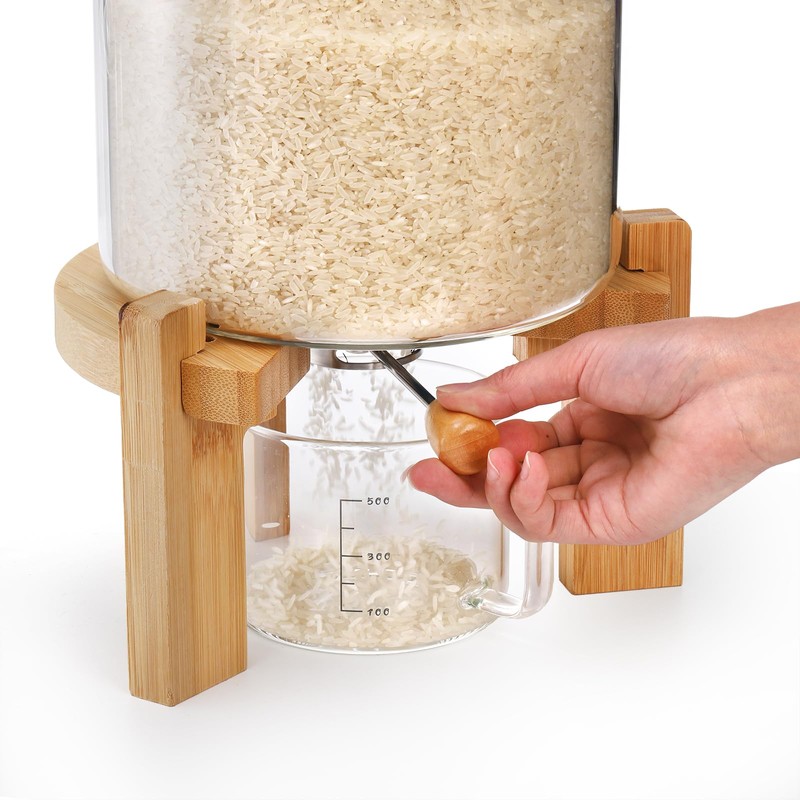 Tlence 5L Glass Rice Dispenser, Cereal Container with Bamboo Stand,